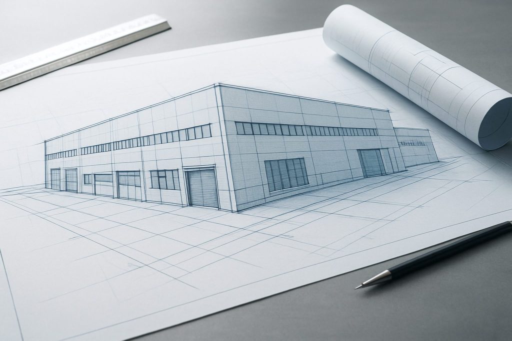 A detailed architectural sketch of a commercial building layout on a drafting table, with a rolled blueprint beside a pe