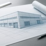 A detailed architectural sketch of a commercial building layout on a drafting table, with a rolled blueprint beside a pe