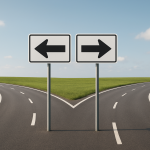 Road signs indicating left and right directions at a crossroads in a green landscape