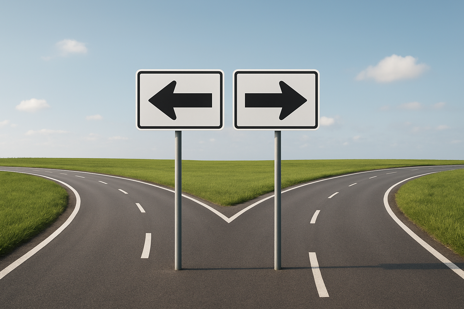 Road signs indicating left and right directions at a crossroads in a green landscape