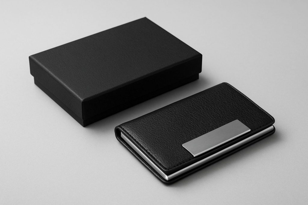 A sleek black wallet and its matching gift box on a gray background.