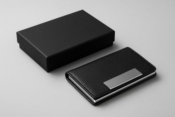 A sleek black wallet and its matching gift box on a gray background.
