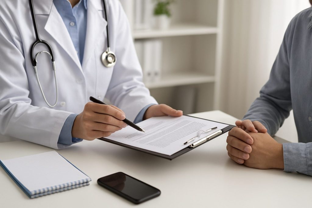 A doctor discussing documents with a patient in an office setting
