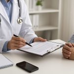 A doctor discussing documents with a patient in an office setting