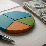 Pie chart with colorful segments next to a stack of dollar bills and a pen, on a lined notebook