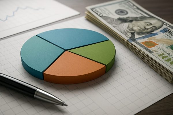 Pie chart with colorful segments next to a stack of dollar bills and a pen, on a lined notebook