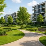 Modern residential buildings surrounded by landscaped greenery and pathways