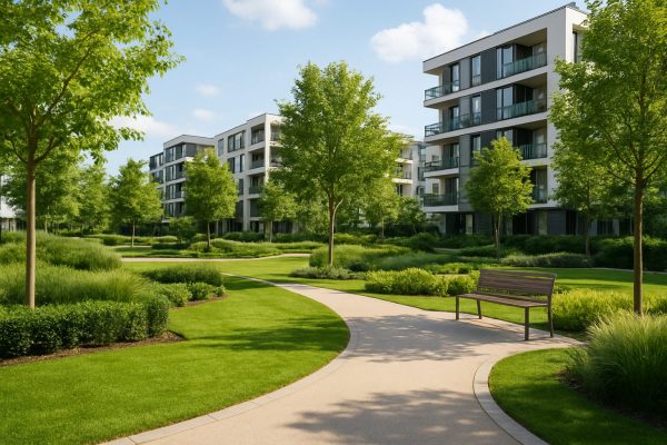 Modern residential buildings surrounded by landscaped greenery and pathways