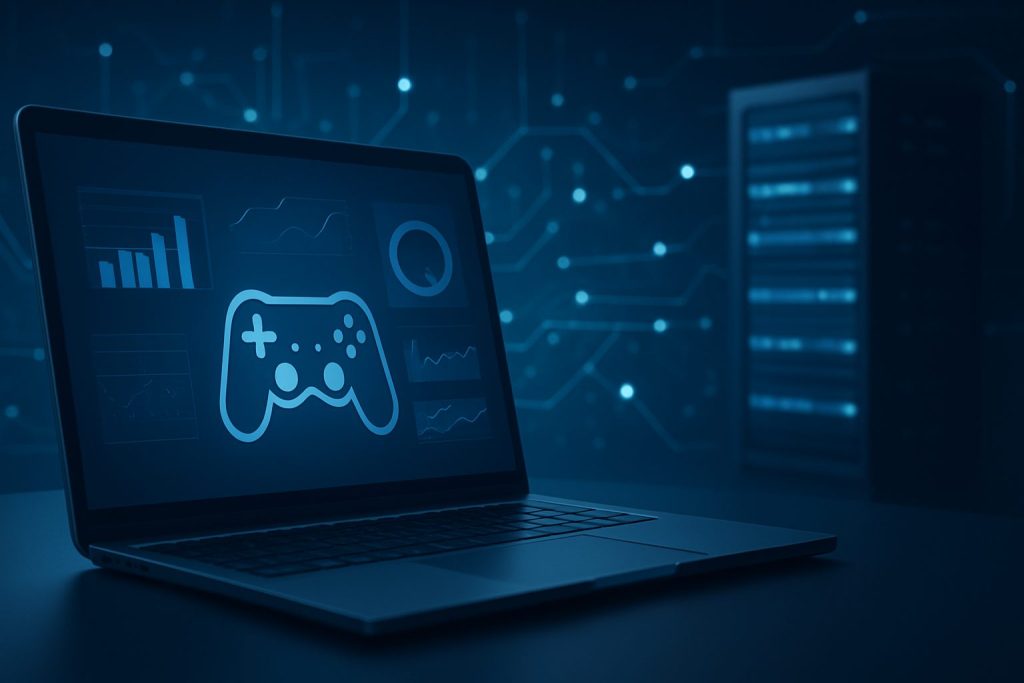 A laptop displaying a gaming controller icon with data charts in the background, symbolizing online gaming experience.