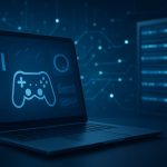 A laptop displaying a gaming controller icon with data charts in the background, symbolizing online gaming experience.