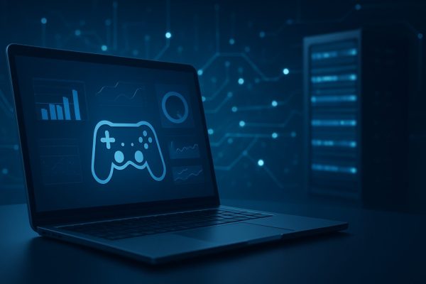 A laptop displaying a gaming controller icon with data charts in the background, symbolizing online gaming experience.