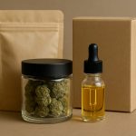 Containers holding cannabis products on a neutral background