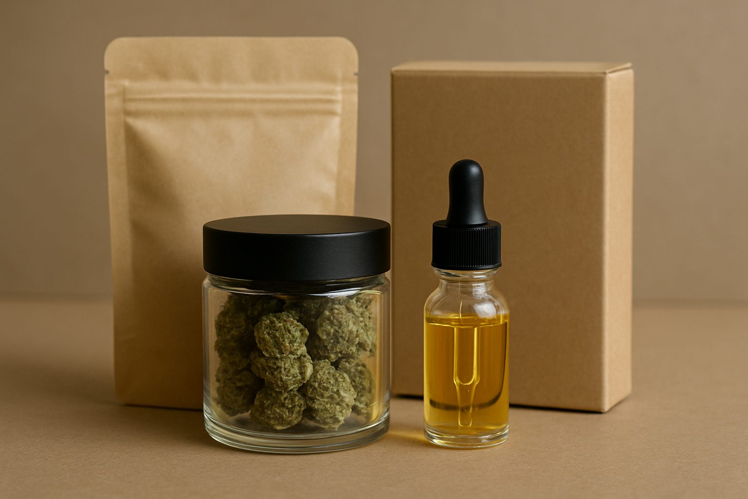 Containers holding cannabis products on a neutral background