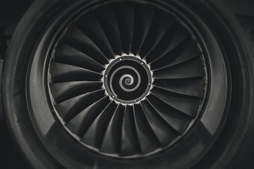 Close-up view of an aircraft jet engine turbine blade