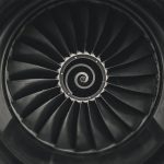 Close-up view of an aircraft jet engine turbine blade