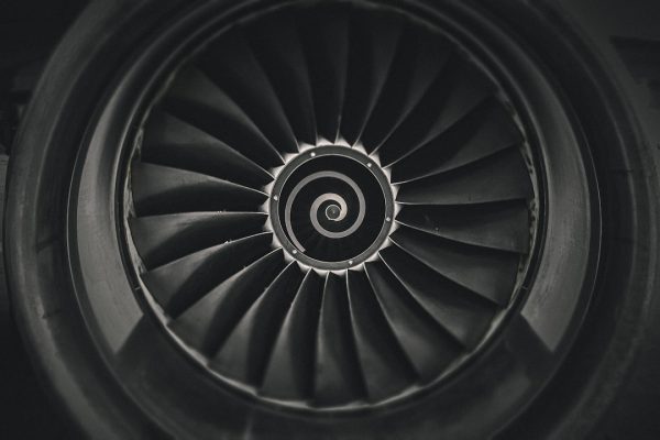 Close-up view of an aircraft jet engine turbine blade
