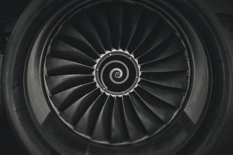 Close-up view of an aircraft jet engine turbine blade