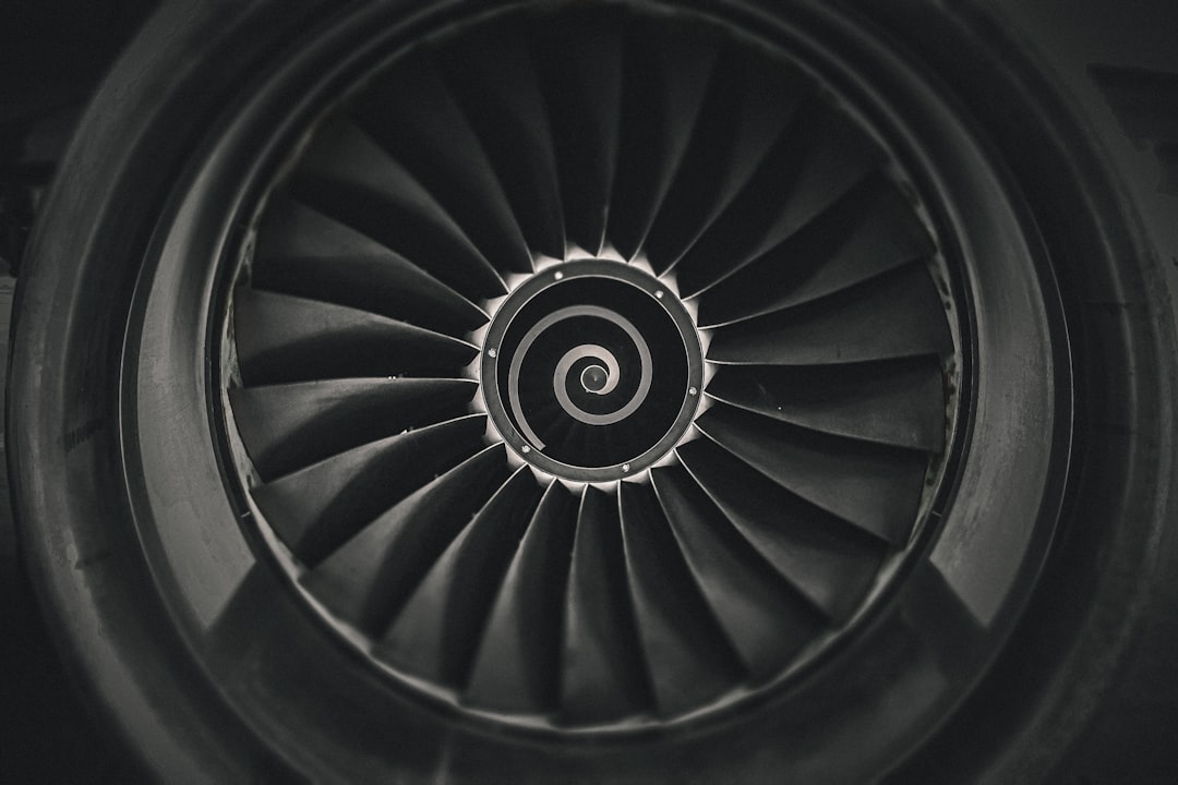Close-up view of an aircraft jet engine turbine blade