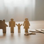 Wooden family figures and a house on a table
