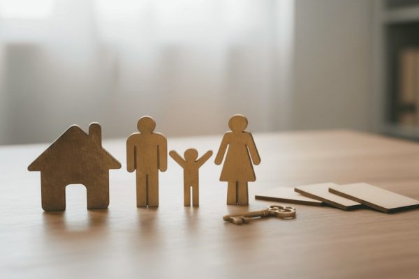 Wooden family figures and a house on a table