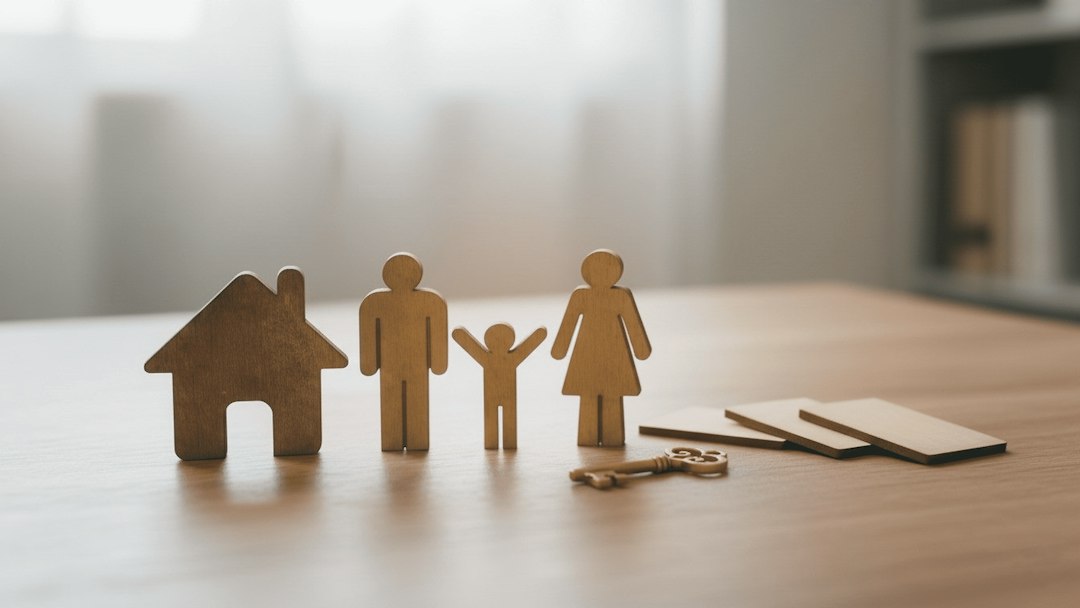 Wooden family figures and a house on a table