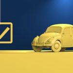 A 3D-rendered yellow car beside a checkmark symbol against a blue background.