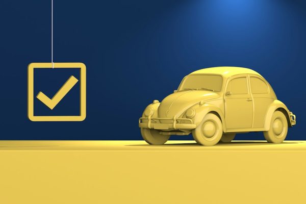 A 3D-rendered yellow car beside a checkmark symbol against a blue background.