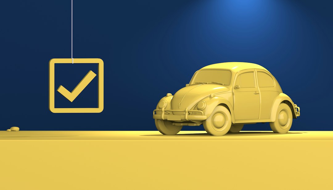 A 3D-rendered yellow car beside a checkmark symbol against a blue background.